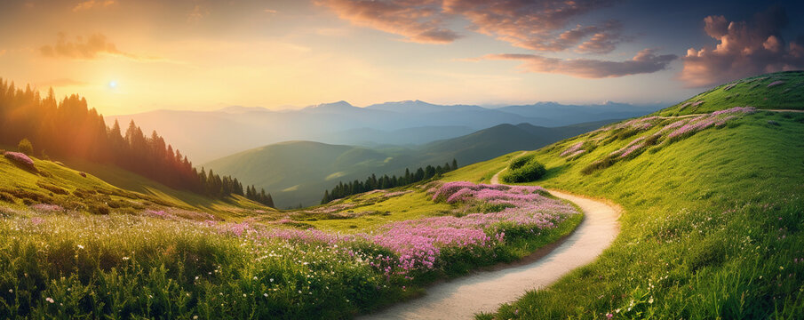 Abstract illustration of a winding weekend trail with soft sage tones